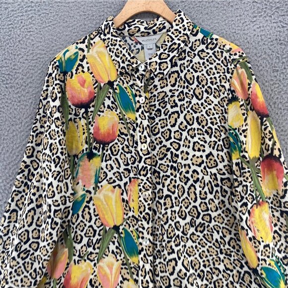 Multiples Top Womens Large Ivory Multi Animal Floral Button Collar Long Sleeve - Picture 2 of 9